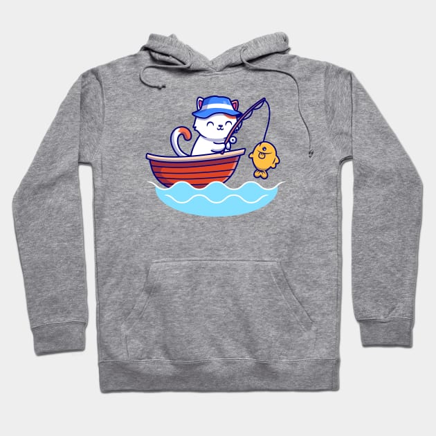 Cute Cat Fishing In The Sea On Boat Hoodie by Catalyst Labs